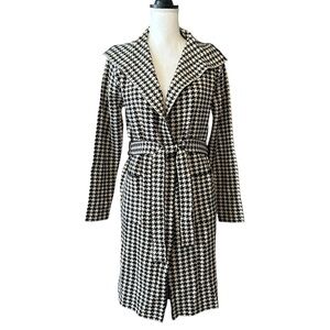 NWT Tahari‎ Trench Belted Knit Sweater Jacket SZ Small in Black Tan Houndstooth